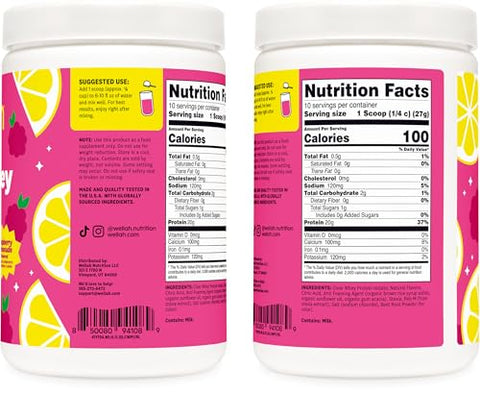 Wellah Clear Whey Protein Isolate Powder (Raspberry Lemonade) 10 Servings - 20G Of Protein 100 Calories Sweetened With Stevia