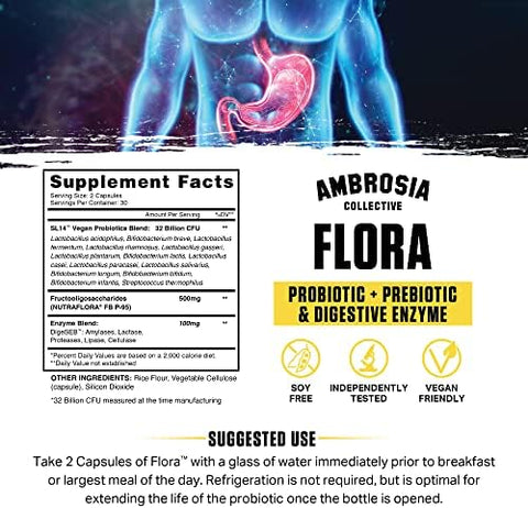 Ambrosia Flora Digestive Enzymes With Probiotics And Prebiotics Plant Based Gut Health Supplement 32 Billion Cfu Vegan Probiotic For Digestive Health (30 Servings)