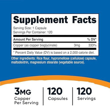 Nutricost Copper Glycinate Capsules (120 Capsules, 3Mg Copper Per Serving) - Non Gmo, Vegan