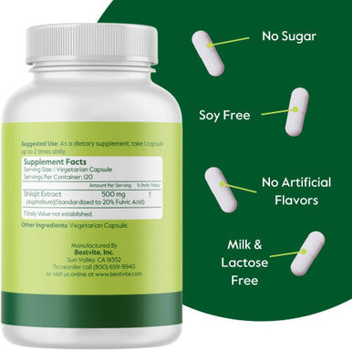 Bestvite Pure Shilajit Extract 500mg (120 Vegetarian Capsules) - No Stearates - Vegan - Non GMO - Gluten - Standardized to 20% Fulvic Acid