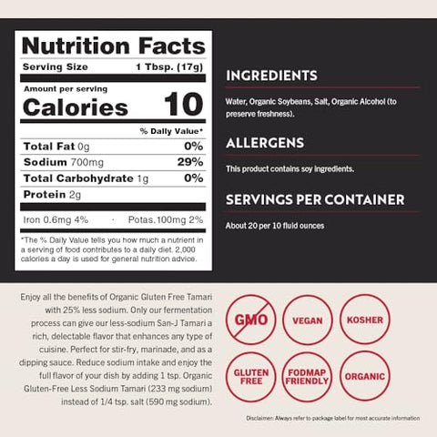San-J - Organic Gluten Free Tamari Soy Sauce with 25% Less Sodium - Specially Brewed - Made with 100% Whole Soy - 10 oz. Bottle
