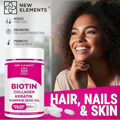 Elements Biotin Supplement 10000Mcg With Collagen Peptides Keratin And Pumpkin Seed Oil For Hair Skin And Nails Hair Growth Supplement For Women & Men Biotin And Collagen Supplements For Hair Loss