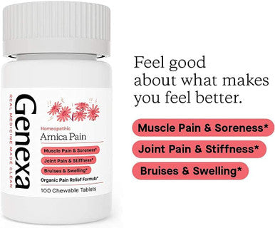 Genexa Arnica Tablets for Pain Relief Formula | Alleviate Muscle & Joint Pain Soreness & Stiffness | Delicious Organic Grape Flavor | Homeopathic Remedy Made Clean | 300 Chewable Tablets (3 Pack)