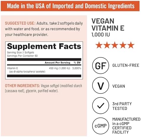 NatureWise Vitamin E 1000 IU Softgels (450mg dLAlpha) Vegan GlutenFree SoyFree NonGMO Antioxidant Dietary Supplement for Skin Heart Eye and Immune Health Support 60Day Supply 120 Count