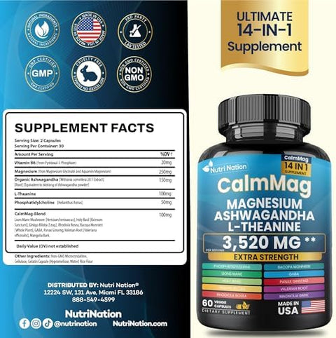 Best Magnesium Glycinate with Ashwagandha and LTheanine 14 in 1 Supplement 60 Capsules 3 Bottle