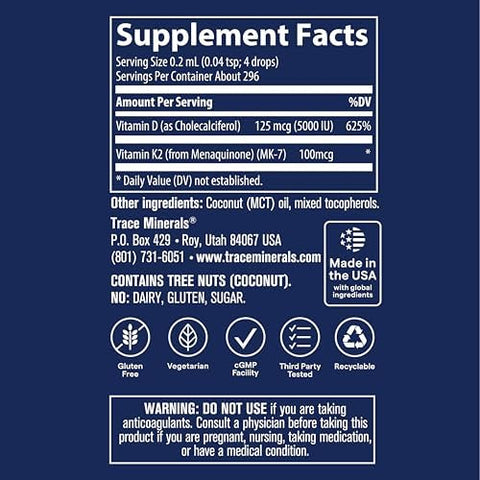 Trace Minerals Liquid Ionic Vitamin D3 + K2 125 mcg (5000 IU) D3 100 mcg K2 Concentrated Dietary Supplement 2 fl oz. 296 Servings