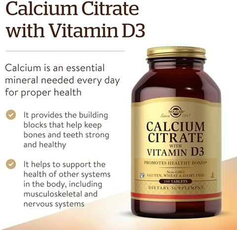 Solgar Calcium Citrate With Vitamin D3 240 Tablets Promotes Healthy Bones and Teeth Supports Musculoskeletal and Nervous Systems NonGmo GlutenFree Dairy Kosher 60 Servings