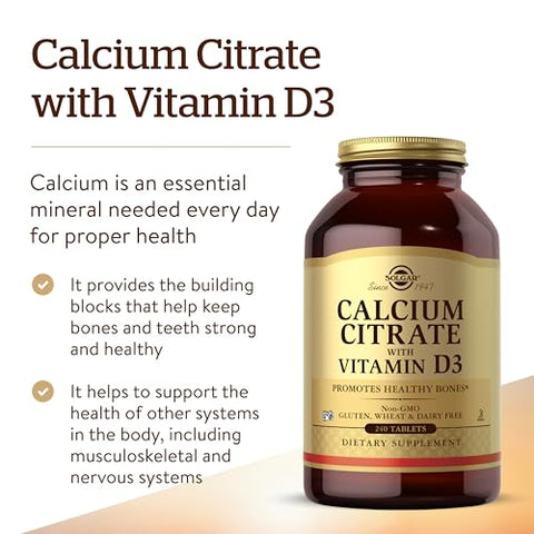 Solgar Calcium Citrate With Vitamin D3 240 Tablets - Promotes Healthy Bones & Teeth Supports Musculoskeletal & Nervous Systems - Non-Gmo Gluten-Free Dairy Free Kosher 60 Servings