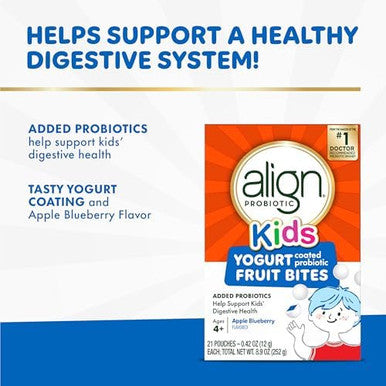 Align Probiotic Kids Yogurt Coated Probiotic Fruit Bites Added Probiotics Help Support Kids' Digestive Health Apple Blueberry Flavored 21 Individually Wrapped Pouches 105 Bites