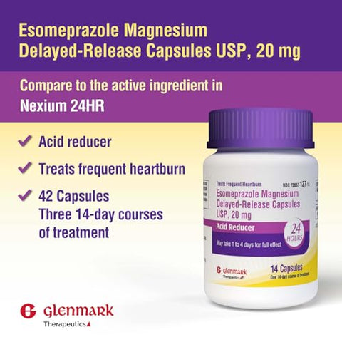 Glenmark Therapeutics Esomeprazole Magnesium Usp 20Mg Delayed Release Capsules Treats Frequent Heartburn 42 Capsules