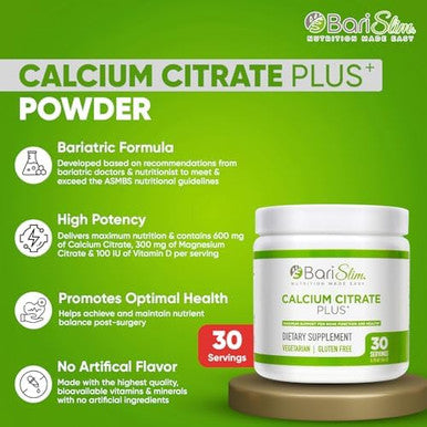 Barislim Bariatric Calcium Citrate Plus Powder - Formulated For Patients After Weight Loss Surgery - Maximum Support For Bone Function And Health - Easy Digestion And Absorption 600 Mg (30 Servings)