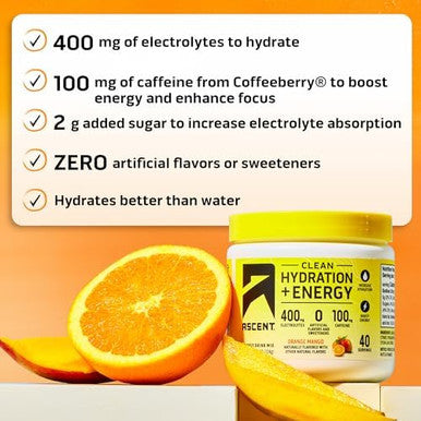 Ascent 100% Whey Protein Powder, Chocolate 4 Lb & Hydration + Energy Electrolytes, Orange Mango 40 Servings