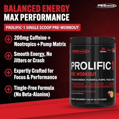 Pescience Prolific-1 Pre Workout Powder For Men & Women With L-Citrulline Nitric Oxide Booster Energy Powder & Nootropic For Focus Preworkout Without Beta Alanine â€“ 25 Scoops Guava Pineapple Punch