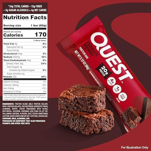 Quest Nutrition Chocolate Brownie Protein Bars, 20g Protein, 4g Net Carbs, 1g Sugar, High Fiber, Gluten Free, Keto Friendly, 4 Count