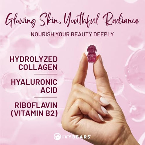 IvyBears ExtraStrength Hair + Skin Glow Gummies Bundle 10x Biotin + Collagen Stronger Hair Radiant Skin Youthful Glow 100 Natural Flavors Vegan Beauty Formula Made in Germany 2x60 Count