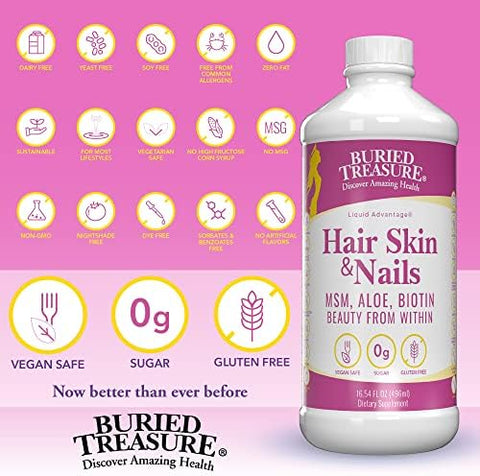 Buried Treasure Hair Skin and Nails with MSM Biotin Aloe Vera plus Vitamins and Minerals in a High Potency Liquid Whole Food Complex for Fuller Hair Stronger Nails and Clearer Skin 16 oz