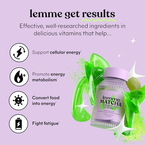 Lemme Matcha & Focus Bundle Superfood Energy Gummies B12 Green Tea Coq10 Cognizin Citicoline Focus & Brain Health Gluten-Free Variety Pack Of 2