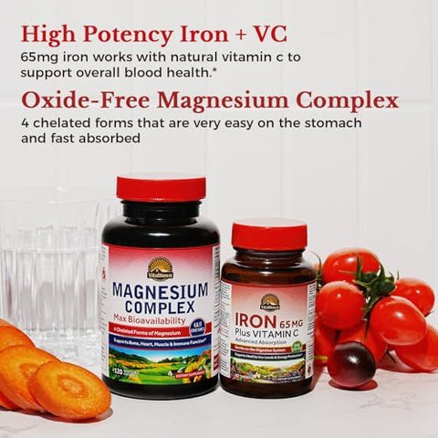 Vitalitown Magnesium Complex Supplement 500mg and 65mg Iron Supplement for Women Men for Sleep Muscle Blood Building and Energy Improvement