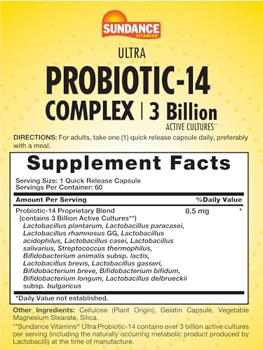 Sundance Probiotic14 Complex 3 Billion Active Cultures 60 Capsules Nongmo And Gluten Supplement