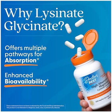 Doctor'S Best High Absorption Magnesium Glycinate Lysinate 100% Chelated Nongmo Vegan Gluten & Soy 200 Mg 240 Count