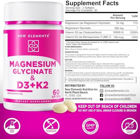 Elements Magnesium Glycinate 500Mg With High-Potency Vitamin D3 10000 Iu & Vitamin K2 200Mcg Enhanced With Coconut Oil For Optimal Absorption Non-Gmo Gluten- Sugar- Softgels (60 Softgels)