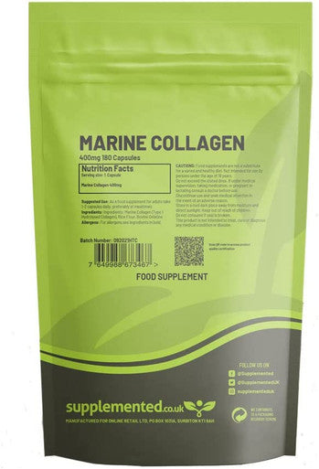 Marine Collagen 180 Capsules 400mg UK Made. Pharmaceutical Grade Type 1 Hydrolysed Supplement. Skin Nails Hair and Joints