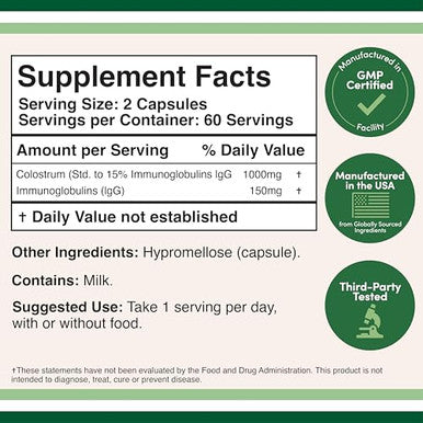 Double Wood Supplements Colostrum Supplement Per Serving (Bovine Colostrum Powder From First Milking 120 Capsules 1000Mg