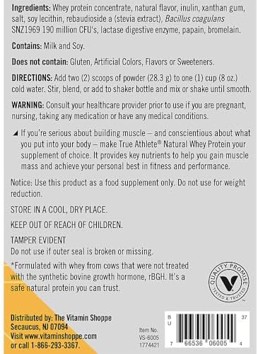 True Athlete Natural Whey Protein - Vanilla Flavor - 20G Of Protein Per Serving With Added Probiotics For Digestive Health 2.5 Pound Powder For Muscle Recovery And Optimal Performance