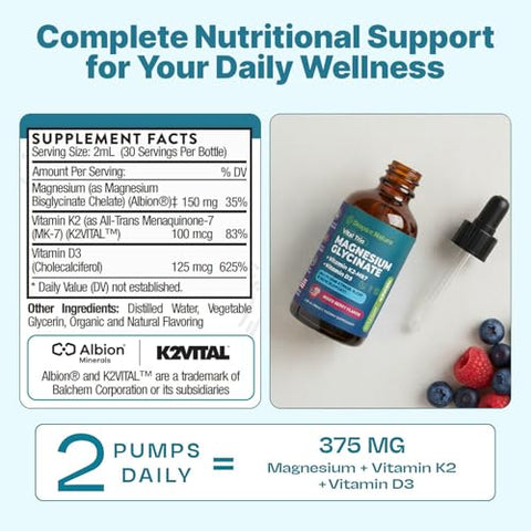 Drops Of Nature Magnesium Glycinate Vitamin K2 & D3 Supplement Gmo-Free Vit D Mk7 K2 Vitamin Supplement & Magnesium Blend With Nutrients For Bone Nutrition & Cardiovascular Function (Mixed Berry 60 Ml)