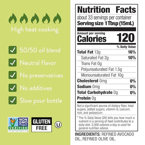 BetterBody Foods Refined Avocado Olive Oil 50/50 Blend, Non-GMO Cooking Oil, Gluten Free, Kosher, Frying, Baking, 500 mL, 16.9 Fl Oz