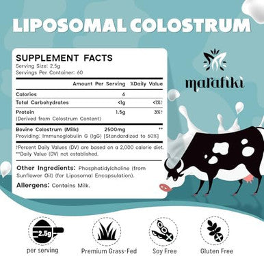 Marafiki Liposomal Bovine Colostrum Supplement - Grass Fed Colostrum Powder - High Bioavailability Easy to Mix (60 Servings)