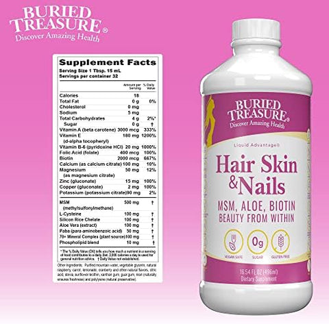 Buried Treasure Hair Skin and Nails with MSM Biotin Aloe Vera plus Vitamins and Minerals in a High Potency Liquid Whole Food Complex for Fuller Hair Stronger Nails and Clearer Skin 16 oz