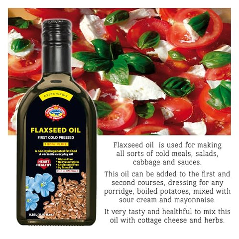 Flax Seed Cooking Oil - Amber Glass Bottle - Extra Virgin, Cold Pressed Flaxseed Oil Unrefined and Non-Deodorized Pure Essential 11.83 OZ