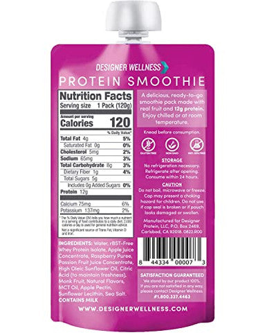 Designer Wellness Protein Smoothie Real Fruit 12G Protein Low Carb Zero Added Sugar Gluten Nongmo No Artificial Colors Or Flavors Raspberry Passion Fruit 12 Count