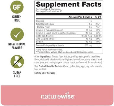 Naturewise Collagen Gummies - Strawberry Lemon Flavor - Type 1 & 3 Peptides For Women With Biotin, Vitamin C, E, & Zinc For Hair Skin And Nails & Joint Support - 60 Count[1-Month Supply]