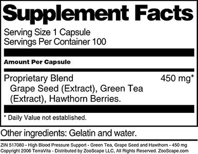 Terravita High Blood Pressure Support - Green Tea, Grape Seed And Hawthorn - 450 Mg (100 Capsules, Zin: 517080) - 3 Pack