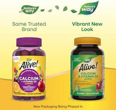 Nature'S Way Alive Daily Calcium & Vitamin D3 Gummies, Bone Support, Immune Support, Strawberry And Raspberry- Lemonade Flavored, 60 Gummies (Packaging May Vary)