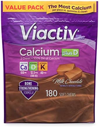 Viactiv Calcium Plus Vitamin D Supplement Soft Chews Brown Milk Chocolate 180 Count & Vitafusion Fiber Well Sugar Fiber Supplement Peach Strawberry And Blackberry Flavored