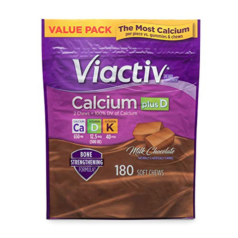 Viactiv Calcium Plus Vitamin D Supplement Soft Chews Brown Milk Chocolate and Vitafusion Fiber Well Sugar Fiber Supplement Peach Strawberry and BlackBerry Flavored 180 Count