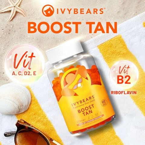 Ivybears Glow Tanning Gummies - Beta Carotene Vitamin A C D2 & E - [Ai Tanning Specialist Ada] Supports Healthy Tan & Glow - Vegan & Made In Germany - Pack Of 60 - Boost Tan