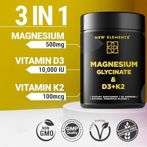 Elements Calm Magnesium Glycinate Gummies 500Mg With High-Potency Vitamin D3 10000Iu & Vitamin K2 100Mcg Stress Relief Relaxation & Bone Support For Adults Vegan Non-Gmo Gluten- Pineapple Flavor