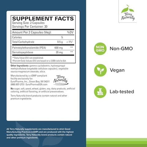 Terry Naturally Pea Healthy Inflammation Response Joint Health Support Exercise Performance & Postworkout Support Contains No Dairy Gluten Or Soy 60 Capsules (30 Servings)