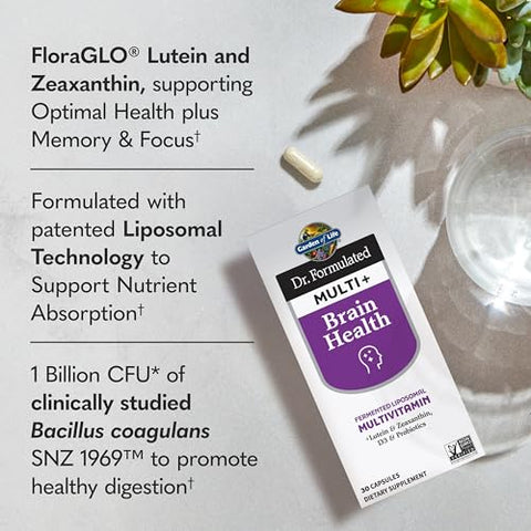 Garden Of Life Dr Formulated Multi Brain Health Fermented Liposomal Multivitamin Lutein & Zeaxanthin Vitamin D3 & Probiotics - Memory & Focus Support Digestive & Immune Health 30 Capsules