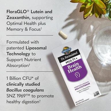 Garden Of Life Dr Formulated Multi Brain Health Fermented Liposomal Multivitamin Lutein & Zeaxanthin Vitamin D3 & Probiotics - Memory & Focus Support Digestive & Immune Health 30 Capsules