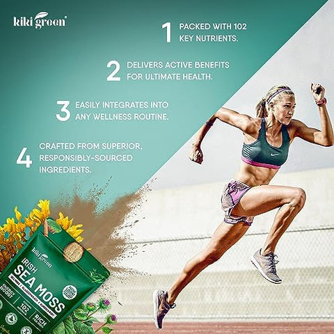 KIKI Green Irish Sea Moss Powder 8 Oz with Bladderwrack Burdock Root Extract for Immune Support Keto Vegan Supplement