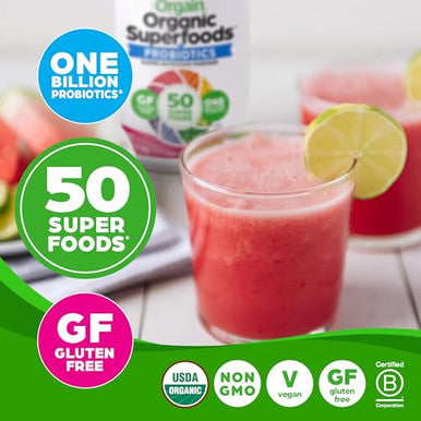 Orgain Organic Greens Powder + 50 Superfoods Original 1 Billion Probiotics For Digestive Health Antioxidants Vegan Plantbased Gluten Nongmo Green Juice & Smoothie Drink Mix 0.62Lb