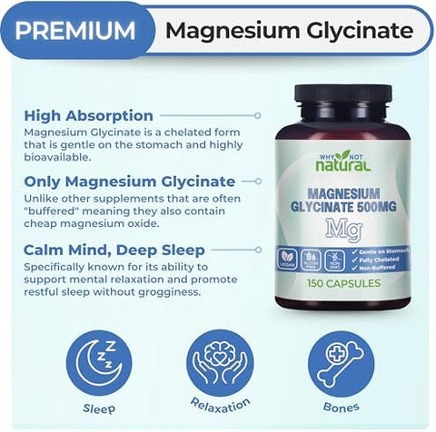 Why Not Natural Magnesium Glycinate 500 mg Capsules Supplement Vegan No Filler Supports Sleep and Relaxation