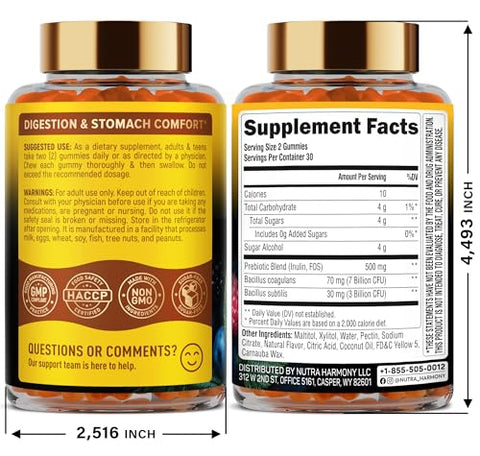 Nutraharmony Probiotic Gummies 10B Cfu With Prebiotic Fiber - Digestion & Immune Support - Debloat Stomach & Gut Comfort - Probiotics For Women & Men - Natural Berry Flavor - Vegan & Sugar-Free 60 Gummies