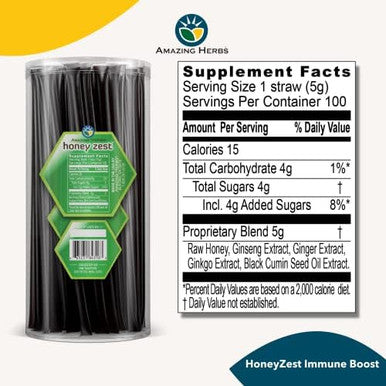 Amazing Herbs Raw Natural Honey - Herbal Honey Infused With Ecea, Elderberry, Garlic, Eucalyptus Extracts & Pure Black Seed Oil, Non Gmo, Gluten - Honeyzest Immune Boost Straws, 100 Count