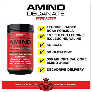 Musclemeds Amino Decanate Intra Post Workout Drink Full Spectrum Amino Acid Complex Leucine Muscle Recovery Fruit Punch 30 Servings